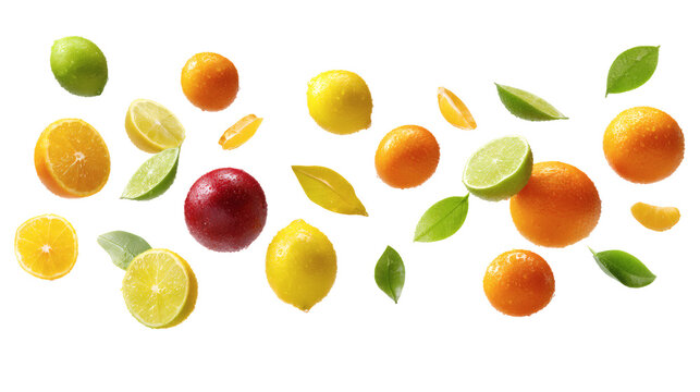 Assorted citrus fruits falling dynamically, isolated on a white background
