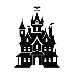 Silhouette of a spooky haunted mansion with turrets and chimneys, bat weathervane on top, perfect for Halloween themes © deden