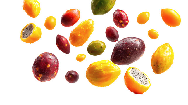 Mixed exotic fruits suspended in mid-air, isolated on a white background,