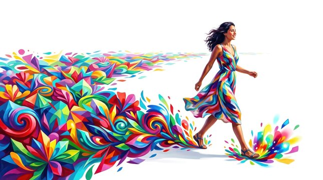 Girl walking away trailing vivid painted color