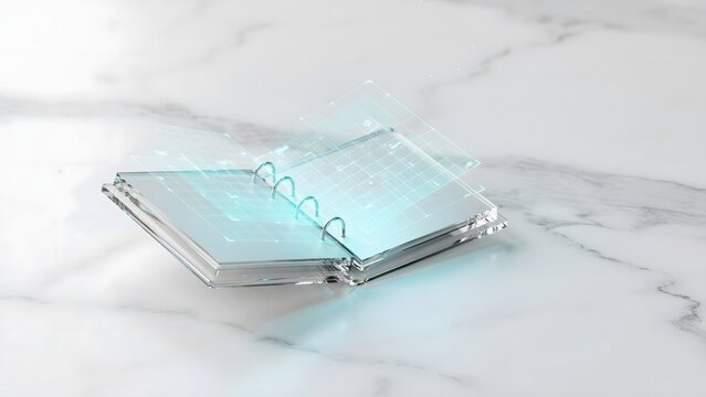Open crystal notebook emitting cyan holographic grid on marble surface - Suitable for innovation, modern workspace, or data visualization marketing.