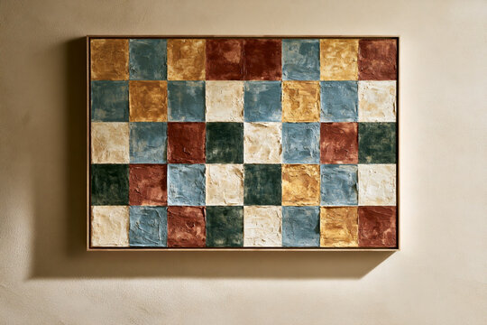 Geometric Abstract Square Grid Painting with Earthy Colors in Natural Wood Frame