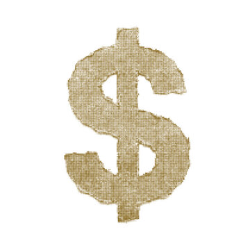 Gold dollar sign with halftone dither and grunge texture vector illustration grunge dollar currency icon with dithered dot matrix vector design