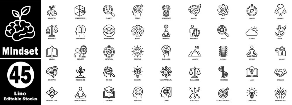 Mindset line icons set. Featuring personal development,  clarity, focus, resilience, purpose, balance, awareness, mindfulness, vision, and mental training symbol. Editable Stocks. Vector Illustration.
