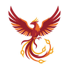 Fototapeta premium A stylized mythological phoenix with wide wings and flame-like tail feathers, rendered in a bold flat graphic style, isolated on white. Powerful mythical creature concept