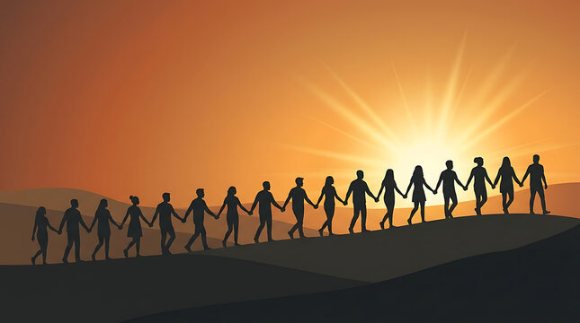 Large group of people holding hands in a line across a scenic ridge at sunset