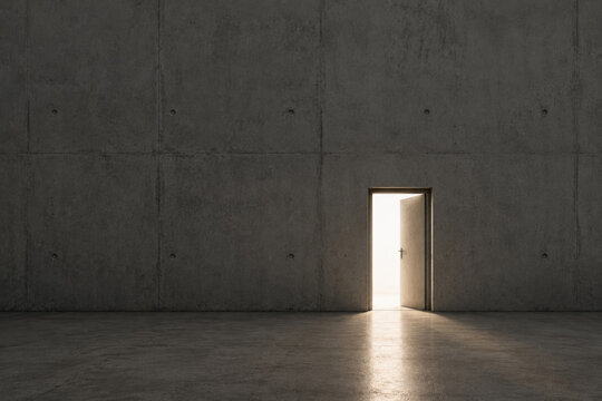 Open door casts bright light across a concrete room. Space for text.