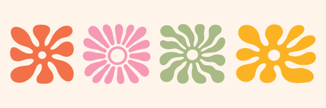 Groovy abstract flower art set. Organic doodle shapes in trendy naive retro hippie 60s 70s style. Floral botanic vector illustration