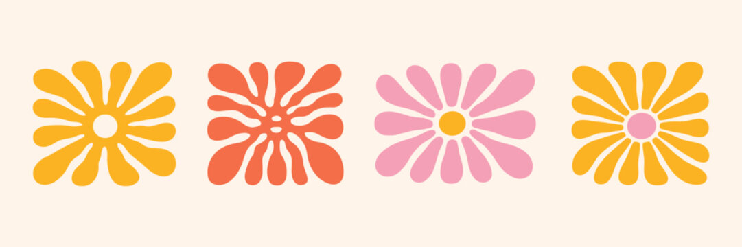 Groovy abstract flower art set. Organic doodle shapes in trendy naive retro hippie 60s 70s style. Floral botanic vector illustration