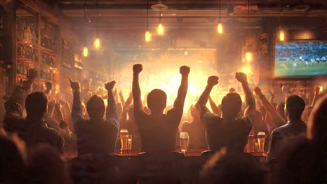 A crowded sports bar filled with cheering fans celebrating a gam