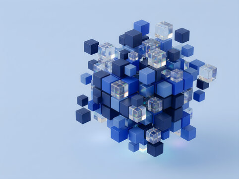 Abstract arrangement of blue cubes with transparent elements in an artistic composition