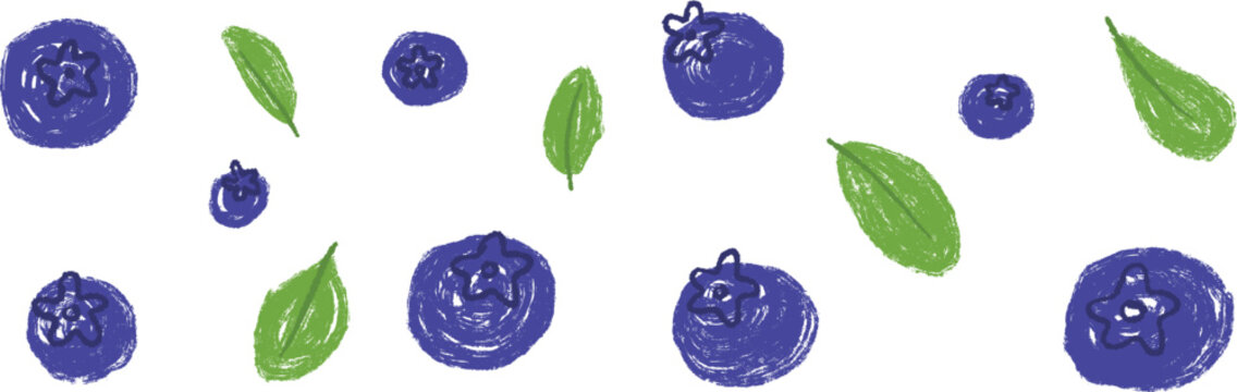 Hand drawn texture blueberry set with ripe berries and green leaves isolated on white background. Vector illustration in naive childlike crayon or pencil style for kid book.