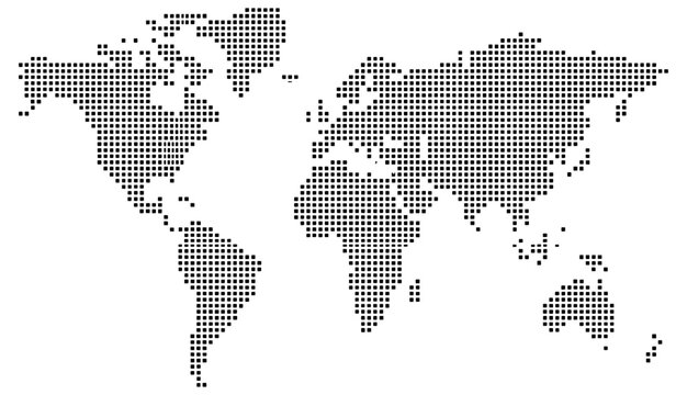 Halftone world map with dot pattern, dotted globe continents graphic, black and white Earth planet, global geography elements, digital simple travel infographics. Vector isolated concept