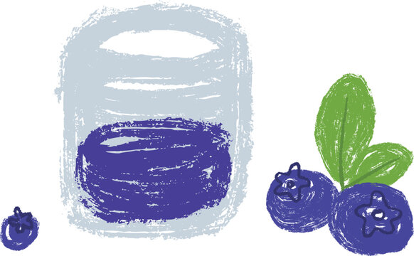 Hand drawn blueberry juice glass with fresh ripe berries and green leaves isolated on white background. Vector illustration in naive childlike crayon or pencil style for kid book.