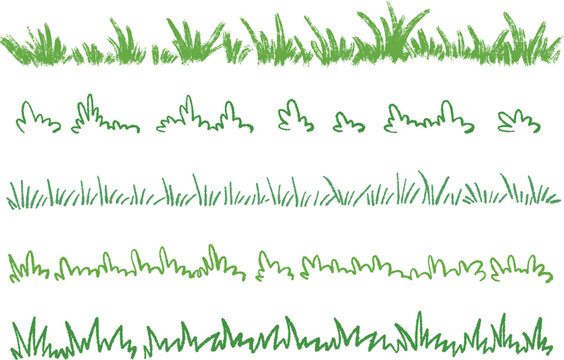 Textured hand drawn green grass borders set with spiky blades and bushes isolated on white background. Set vector nature elements in naive childlike crayon or pencil style.