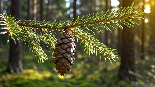 Close-up of a pinecone hanging from a spruce branch with sunlight dappling through the forest trees in the background