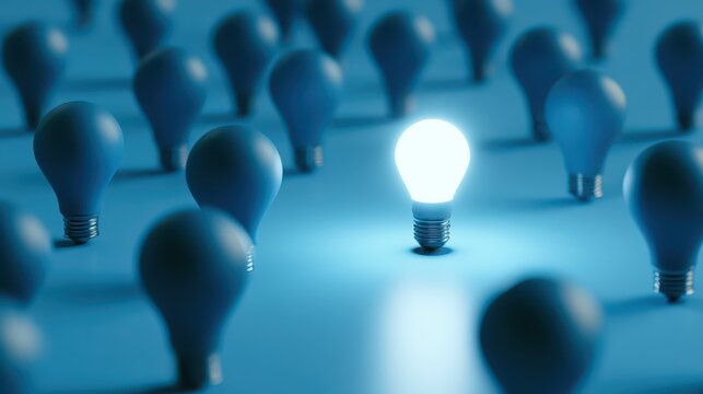 A single glowing light bulb standing out among many unlit blue light bulbs