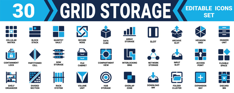 Set of thirty grid storage and organization icons for data management technology and digital systems Minimal solid fill icon set bundle collection. Editable Vector Illustration Mega pack