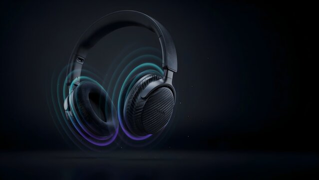 Over-ear headphones with glowing soundwave rings on dark surface - Suitable for audio equipment, music production, sound engineering, or hifi gear.
