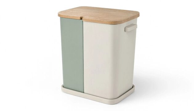 Two-compartment kitchen waste bin with a light wooden lid and a combination of sage green and off-white plastic body for recycling sorting