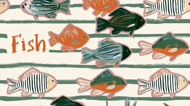 Seamless pattern with handdrawn stylized fish on a striped background