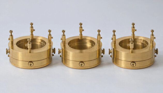 Three identical brass mechanical devices with circular frames and adjustable screws, isolated on a clean white background, for technical use
