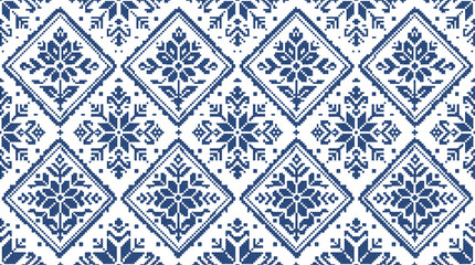 Traditional retro halftone dither texture floral embroidery repeating geometric design vintage pixelated halftone folk art ornament textile vector pattern © SUMON