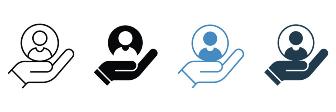 Customer Care Icon Set in Multiple Styles Illustrating User Support Client Retention Personalized Service Hand with Avatar Symbol Rotating Arrow Vector Illustration