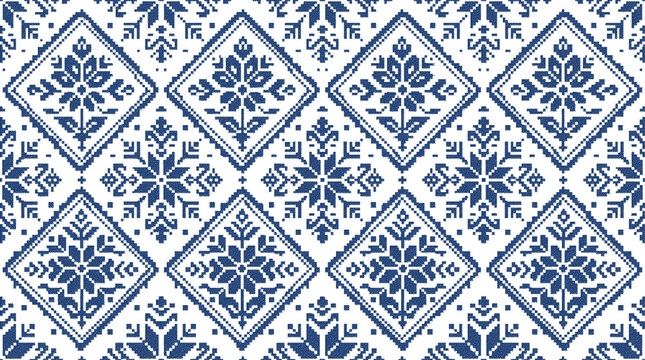 Traditional retro halftone dither texture floral embroidery repeating geometric design vintage pixelated halftone folk art ornament textile vector pattern