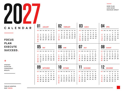 A clean, modern, and minimalist one-page annual wall calendar for the year 2027 featuring a bold black and red color scheme with professional typography layout.