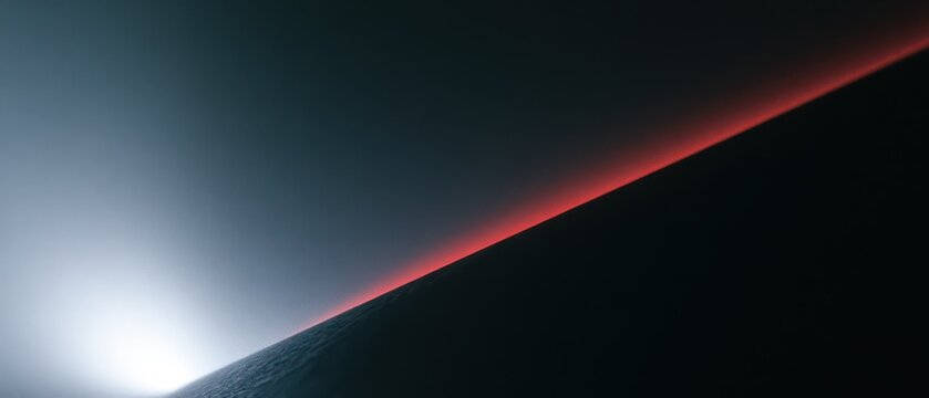 Abstract dark landscape with glowing red horizon line, cinematic scifi atmosphere, dramatic light contrast on textured ground, mysterious alien planet surface