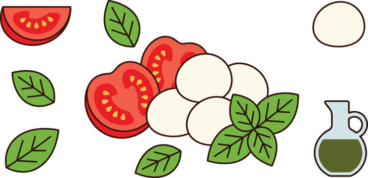 Caprese salad vector set with mozzarella balls fresh tomato slices basil leaves and olive oil bottle