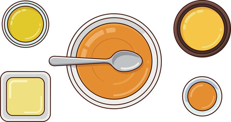 Honey and butter vector set with liquid honey bowls metal spoon and margarine on white background © MDSHAHINALAM