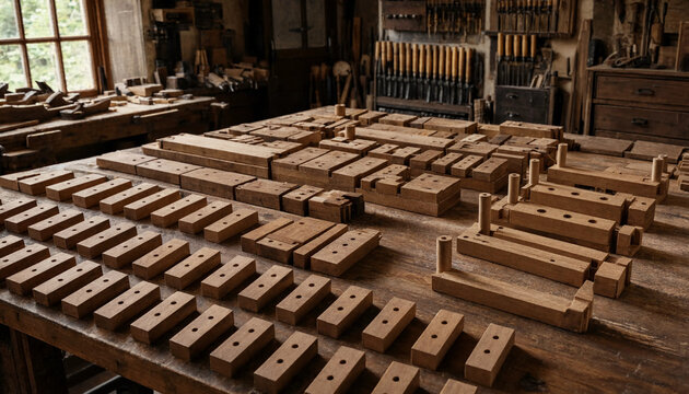 Wooden blocks with drilled holes arranged in rows on a workbench in a carpentry workshop with various woodworking tools visible in background
