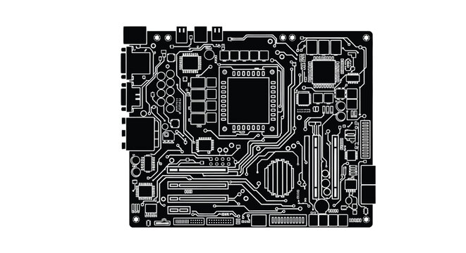 Detailed circuit board with electronic components a black silhouette circuitry electronics pcb printed components connections traces pads