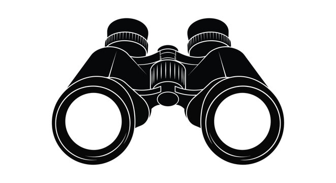 Black silhouette of a pair of binoculars against a white background detailed outline silhouette optics vision viewing