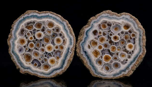 Two halves of a circular agate geode featuring concentric rings of blue, white, and brown colors with a hollow center filled with crystals