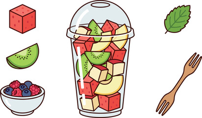 Fresh fruit salad vector set in plastic cup with watermelon kiwi berries mint leaf and wooden fork © MDSHAHINALAM