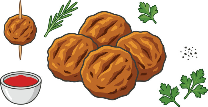 Grilled meatballs vector set with tomato sauce rosemary sprig parsley leaves and toothpick on white background