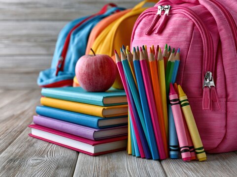 Back to school concept: backpack, pencils, books, pencils, apples 