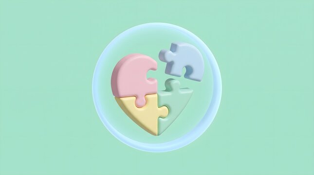 3D render of cute puzzle pieces forming a heart, illustrating connection, unity, and collaborative solutions, isolated on a mint green background.