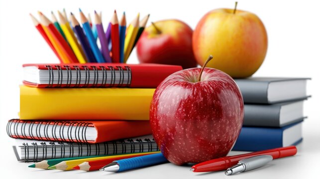 Back to school concept: backpack, pencils, books, pencils, apples 