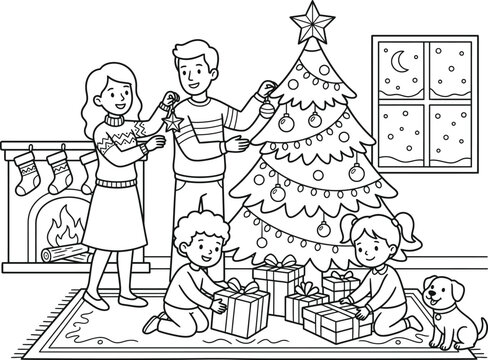 Festive family christmas coloring pages design holiday scene with tree gifts and cozy fireplace for kids adults
