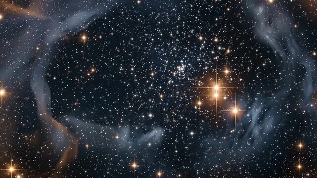 Deep space view of a dense star cluster with glowing golden stars and wispy dark nebula clouds 4k video