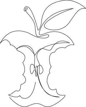 minimalist continuous line drawing of an eaten apple core with a leaf, line art vector illustration