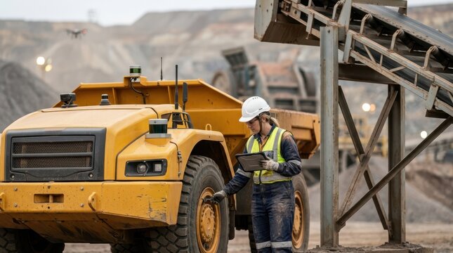 Mine engineer inspects an autonomous haul truck beside a conveyor transfer tower, crushers, and stockpiles for smarter extraction and higher throughput.