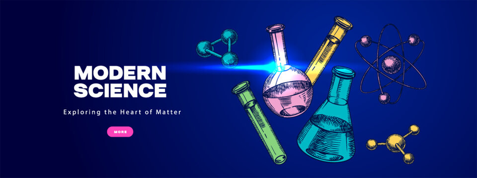 Trendy sketch collage banner with scientific elements. Science, education, technology, laboratory, medicine concept. Modern art hand drawn vector illustration