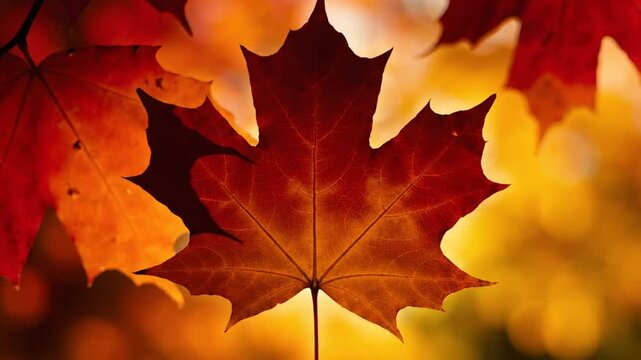 Close-up of a vibrant autumn maple leaf, showcasing rich red and orange colors, with blurred background