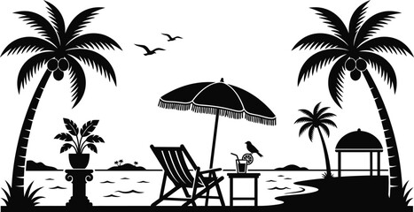 Obraz premium Tropical Beach Scene Silhouette With Palm Trees And Lounge Chair