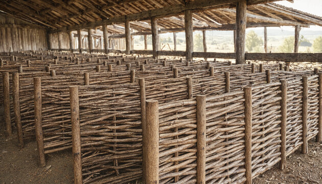 Woven willow branch fences forming narrow pens inside a large wooden barn structure with a rustic timber roof and dirt floor surface